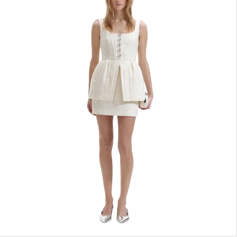 SELF-PORTRAIT | Cream Boucle Peplum Mini Dress in Size US 10 ~ NWT